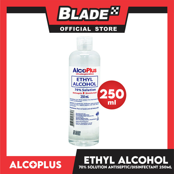AlcoPlus Ethy Alcohol 70% Solution 250ml with Active Germ Defense (Blue) Antiseptic and Disinfectant