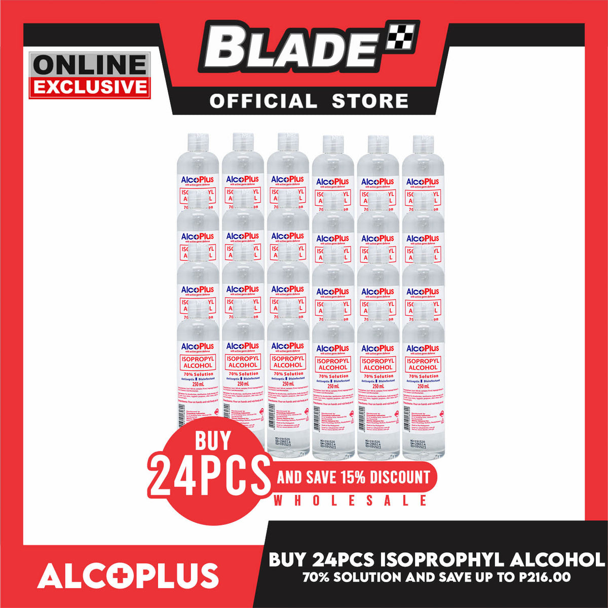 Wholesale 24Pcs AlcoPlus Alcohol 70% Solution 250ml with Active Germ Defense Save up to P261