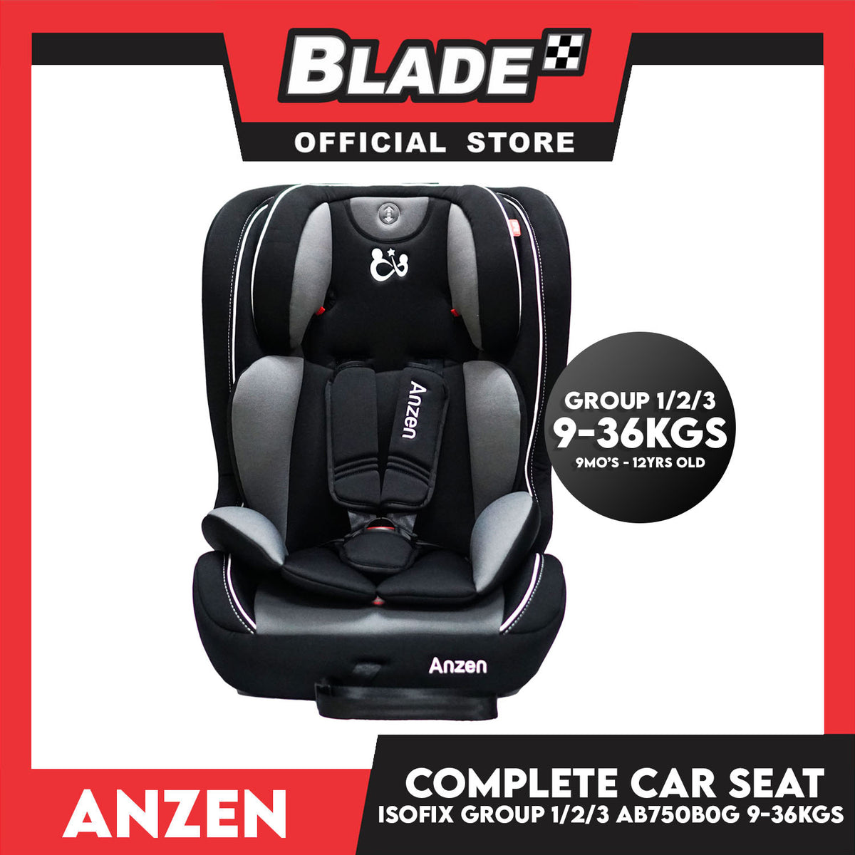 Anzen Child Car Seat Complete Safety ISOFIX Support Group 1, 2 & 3 (Black/Gray)- Baby Car Seat, Infant Car Seat