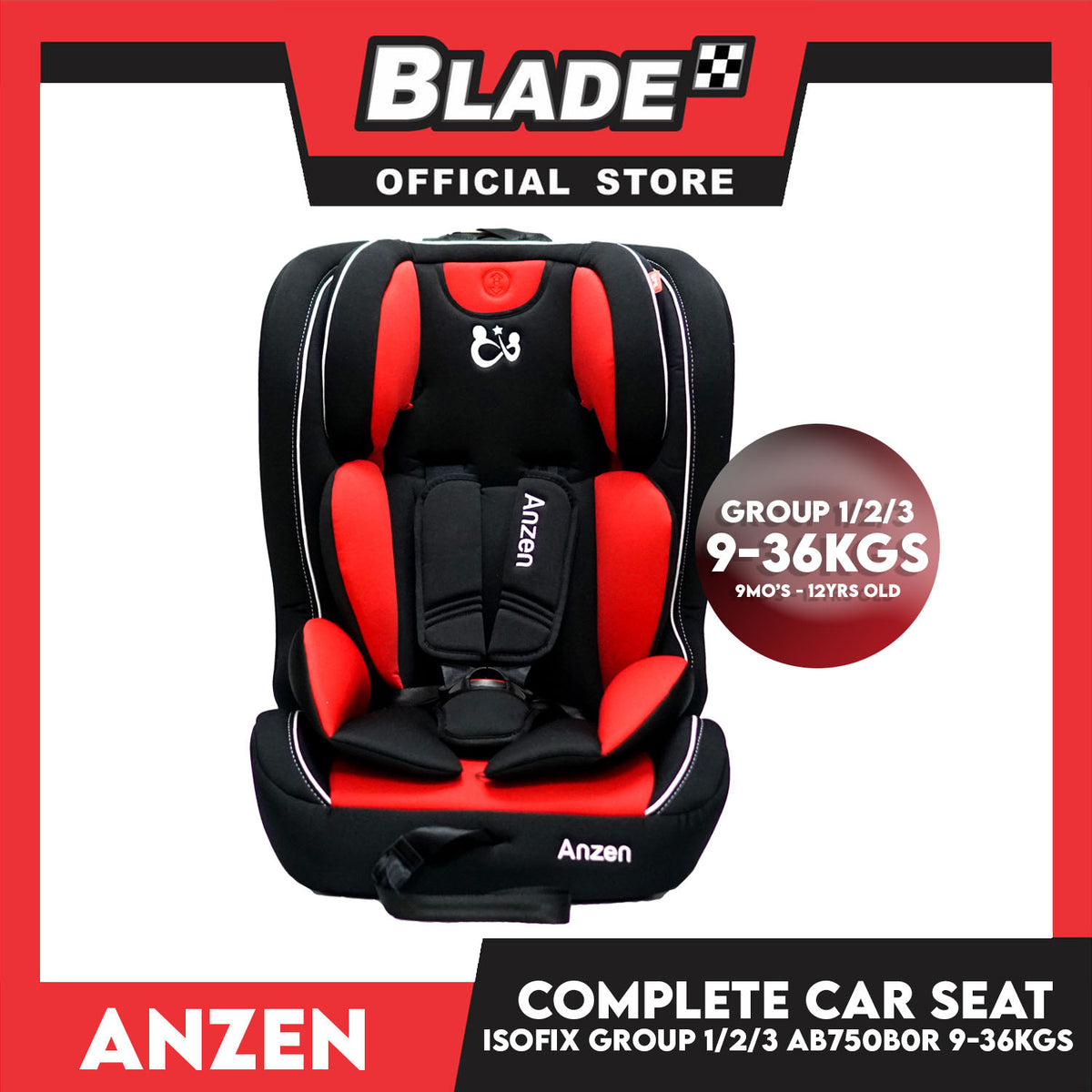 Anzen Child Car Seat Complete Safety ISOFIX Support Group 1, 2 & 3 (Black/Red)- Baby Car Seat, Infant Car Seat