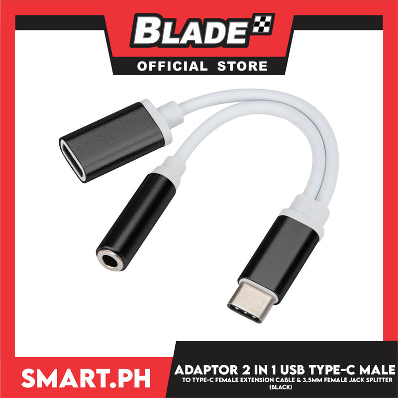 Adaptor 2 in 1 USB Type-C Male to Type-C Female Extension Cable & 3.5mm Female Jack Splitter (Black)