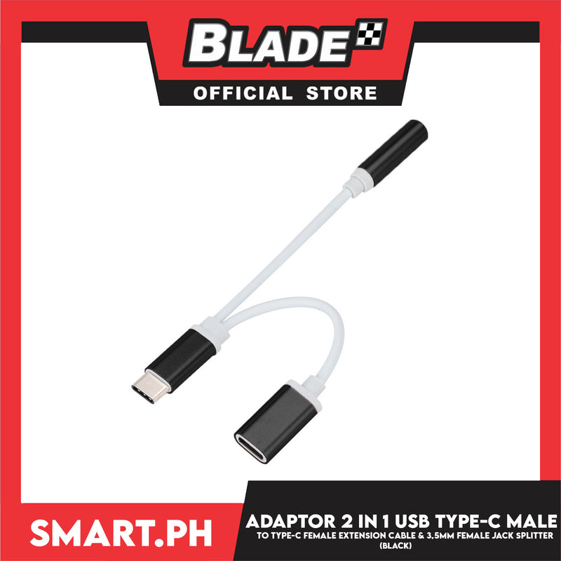 Adaptor 2 in 1 USB Type-C Male to Type-C Female Extension Cable & 3.5mm Female Jack Splitter (Black)