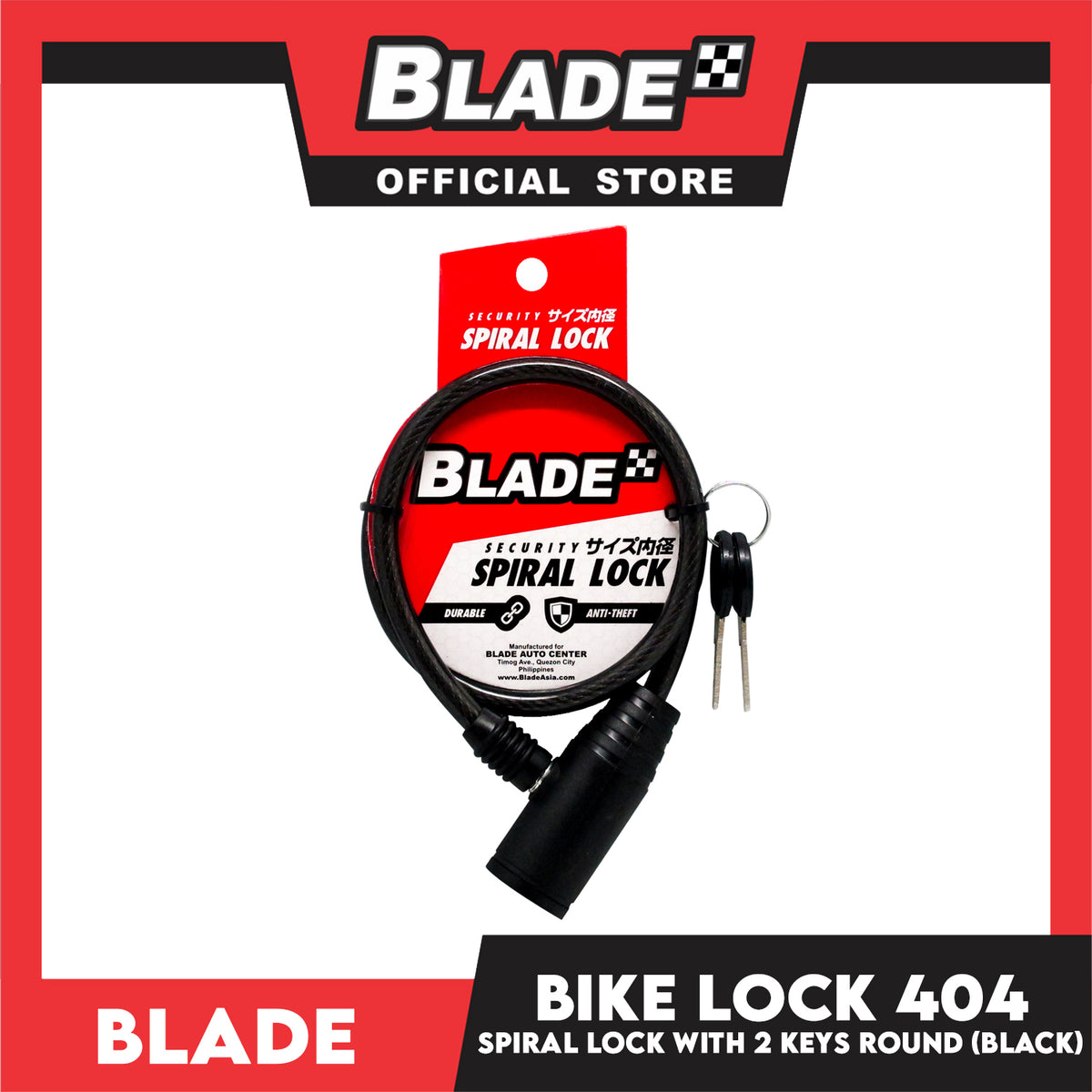Blade Bike Lock 404 Security Spiral lock Round with 2 Keys (Black)