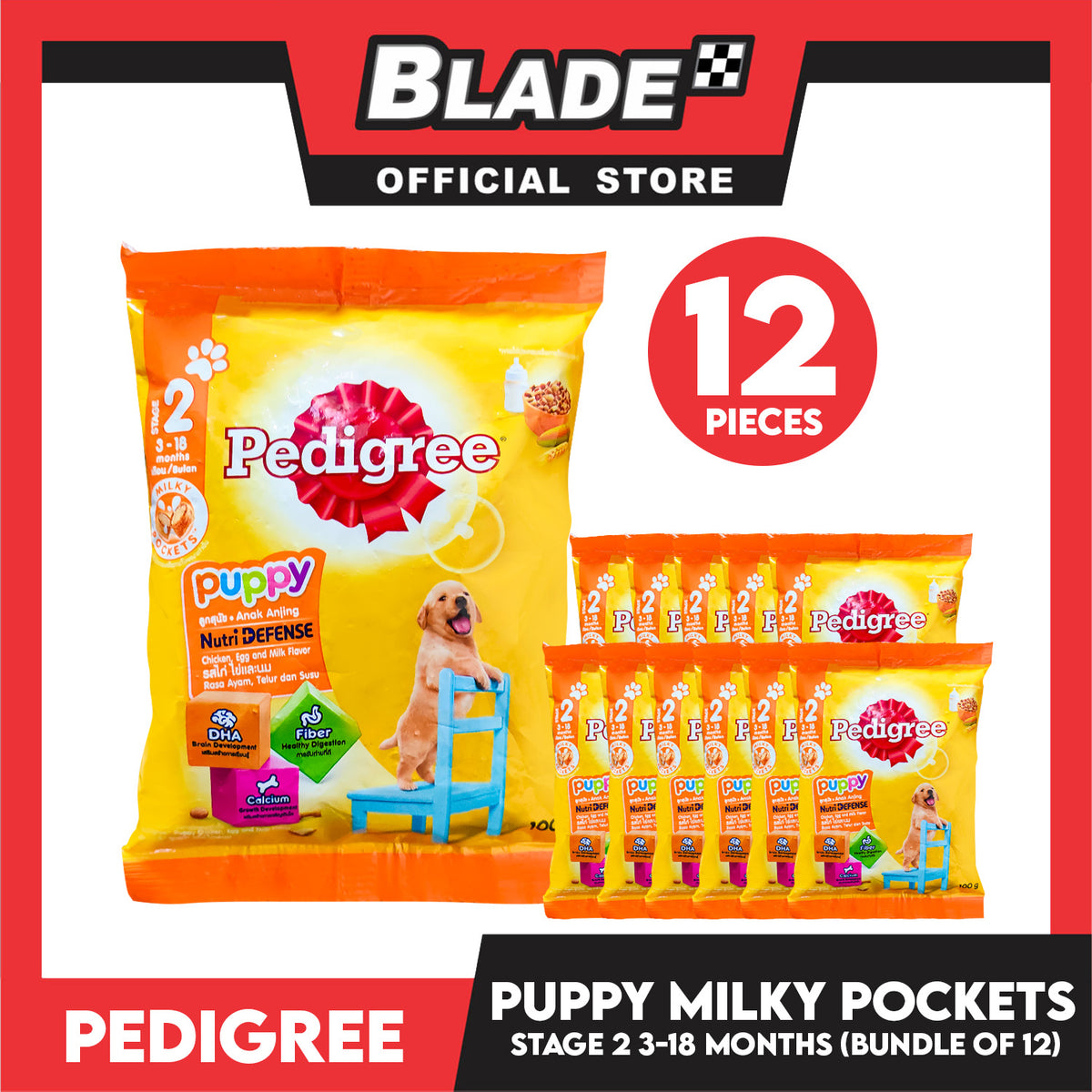 12pcs Pedigree Nutri Defense For Puppy Chicken, Egg And Milk Flavor 100g (Stage 2 For 3-18 Months) Milky Pockets, Dog Dry Food