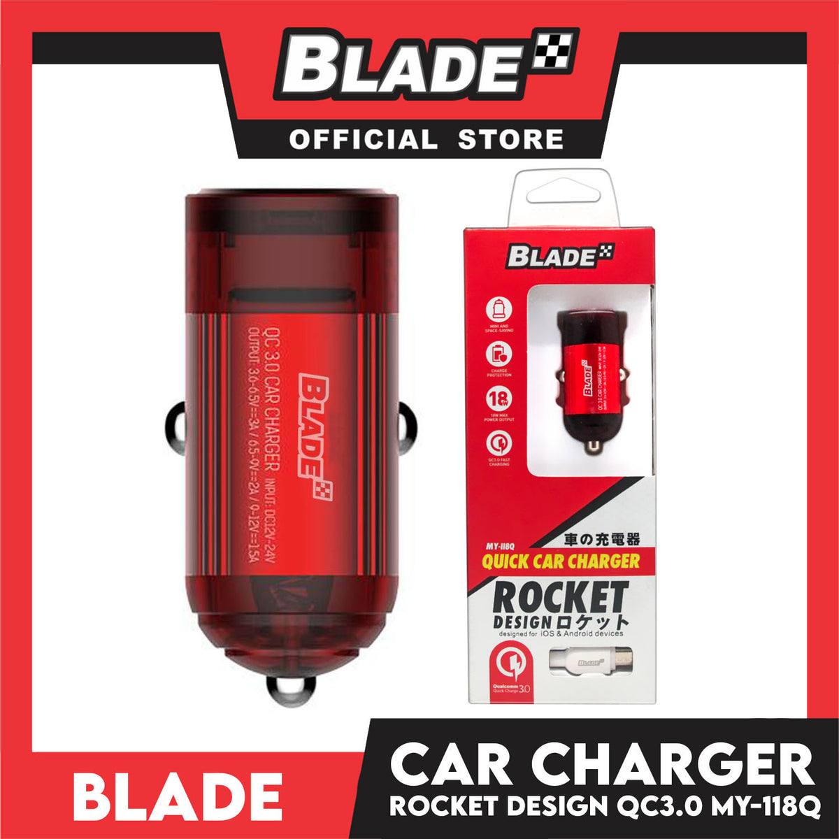 Blade Quick Car Charger MY-118Q with Fast Charging Data Cable 100CM 3.0 High Quality, for Android. Xiaomi, Huawei, Samsung, Oppo, Vivo etc.