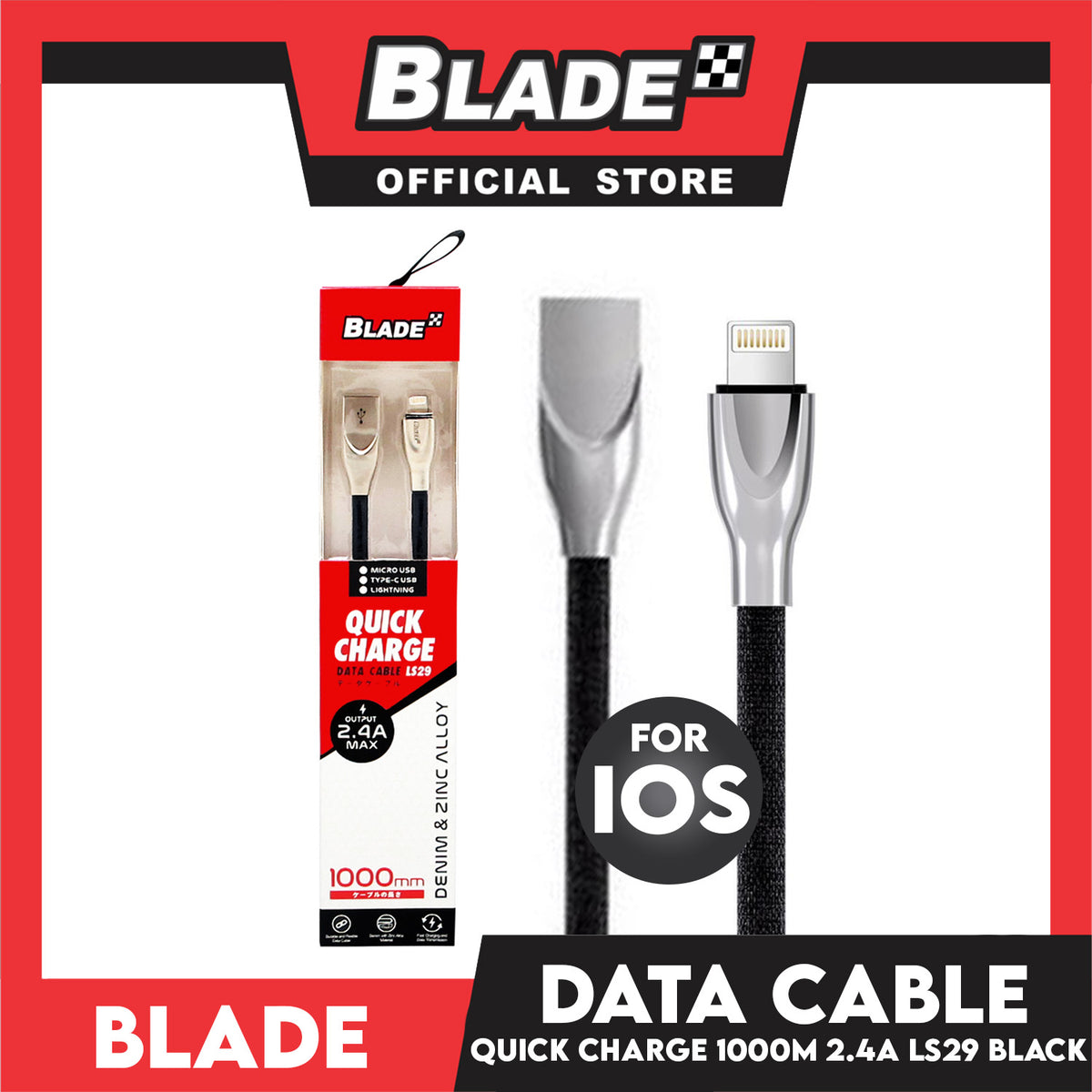 Blade Data Cable Denim & Zinc Alloy 2.4A Quick Charge LS29 1000mm Type-C USB for Android: Samsung, Huawei, Xiaomi, Oppo, Vivo, Lenovo