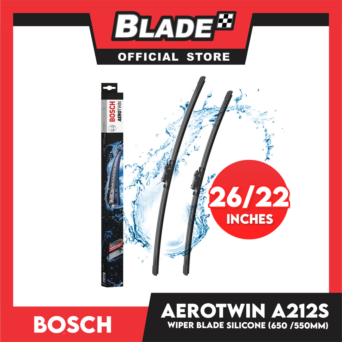 Bosch Wiper Aero Twin A212S 2 x 650mm/26' ' 550mm/22' ' Set of 2pcs Car Wiper For Chrysler, Honda, Hyundai, Jeep, Kia, Land rover, Lexus, Mazda, Mercedes-Benz And Etc.