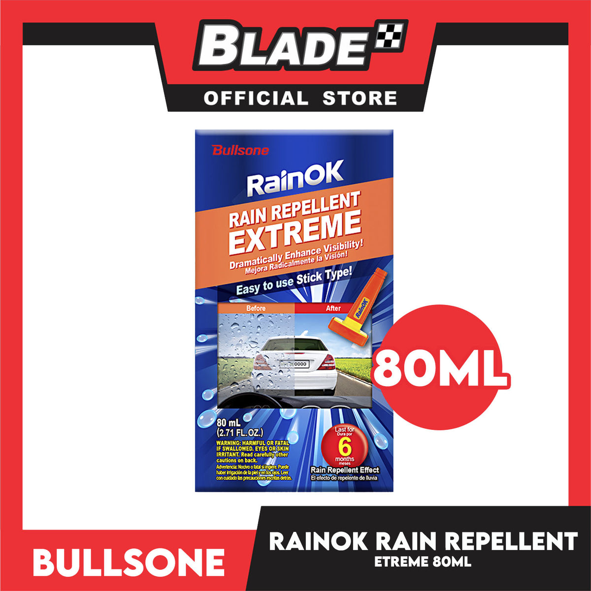 Bullsone Rainok Rain Repellent Extreme 80ml Dramatically Enhance Visibility (Last For 6 Months) Easy To Use, Stick Type!