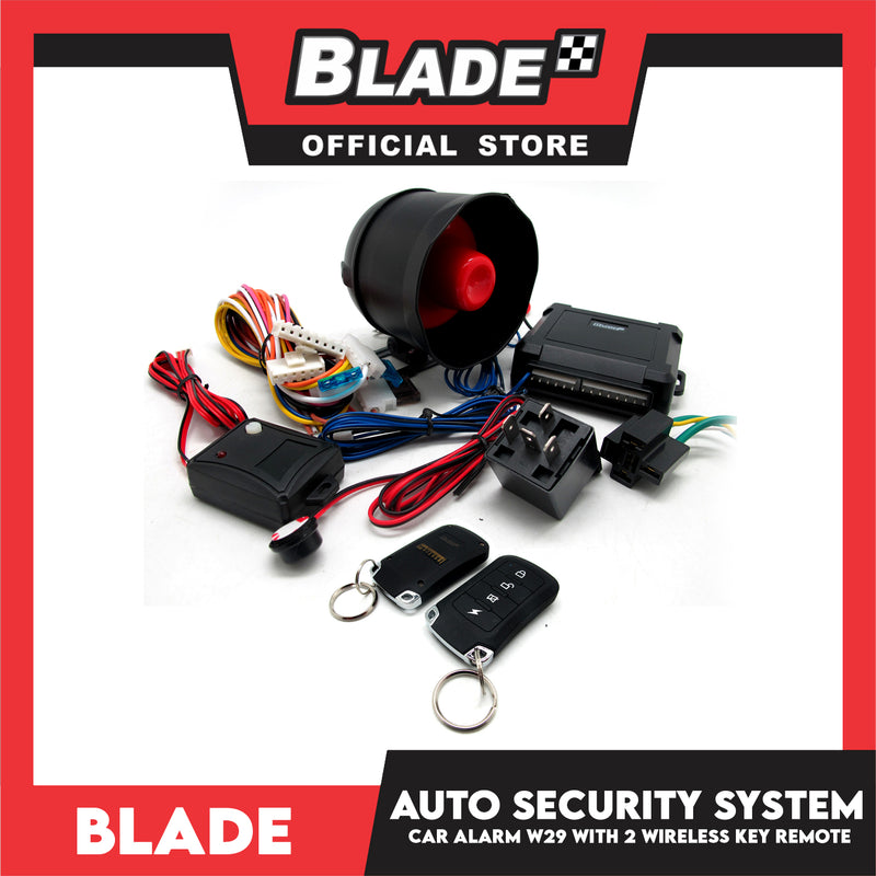 Blade Car Alarm W29 Auto Security Keyless Entry System with 2 Remote Controls & Siren Sensor- 12V Universal Remote Auto Door Lock/Unlock