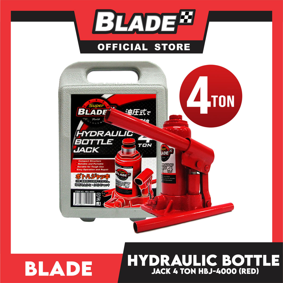 Blade Hydraulic Bottle Jack 4 Ton (Red) for Toyota, Mitsubishi, Honda, Hyundai, Ford, Nissan, Suzuki, Isuzu, Kia, MG and more