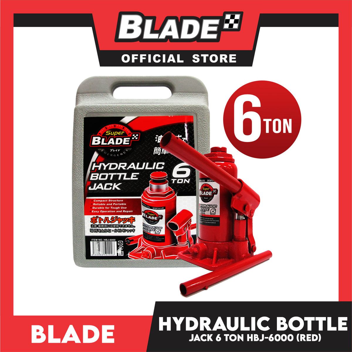 Blade Hydraulic Bottle Jack 6 Ton (Red) for Toyota, Mitsubishi, Honda, Hyundai, Ford, Nissan, Suzuki, Isuzu, Kia, MG and more