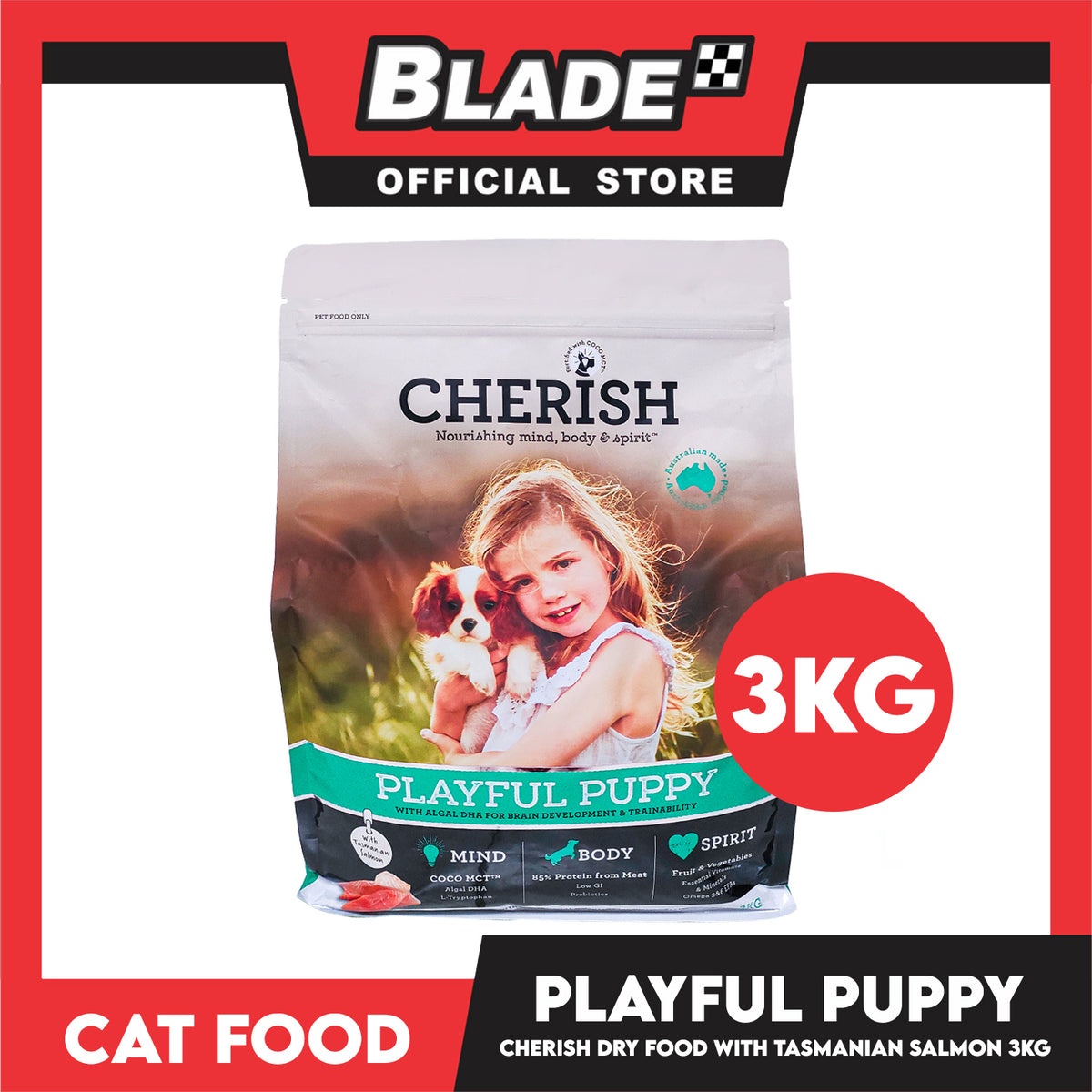 Cherish Nourishing Mind, Body And Spirit Playful Puppy With Tasmanian Salmon 3kg With Algal DHA For Brain Development And Trainability Puppy Food, Dog Food, Dog Dry Food