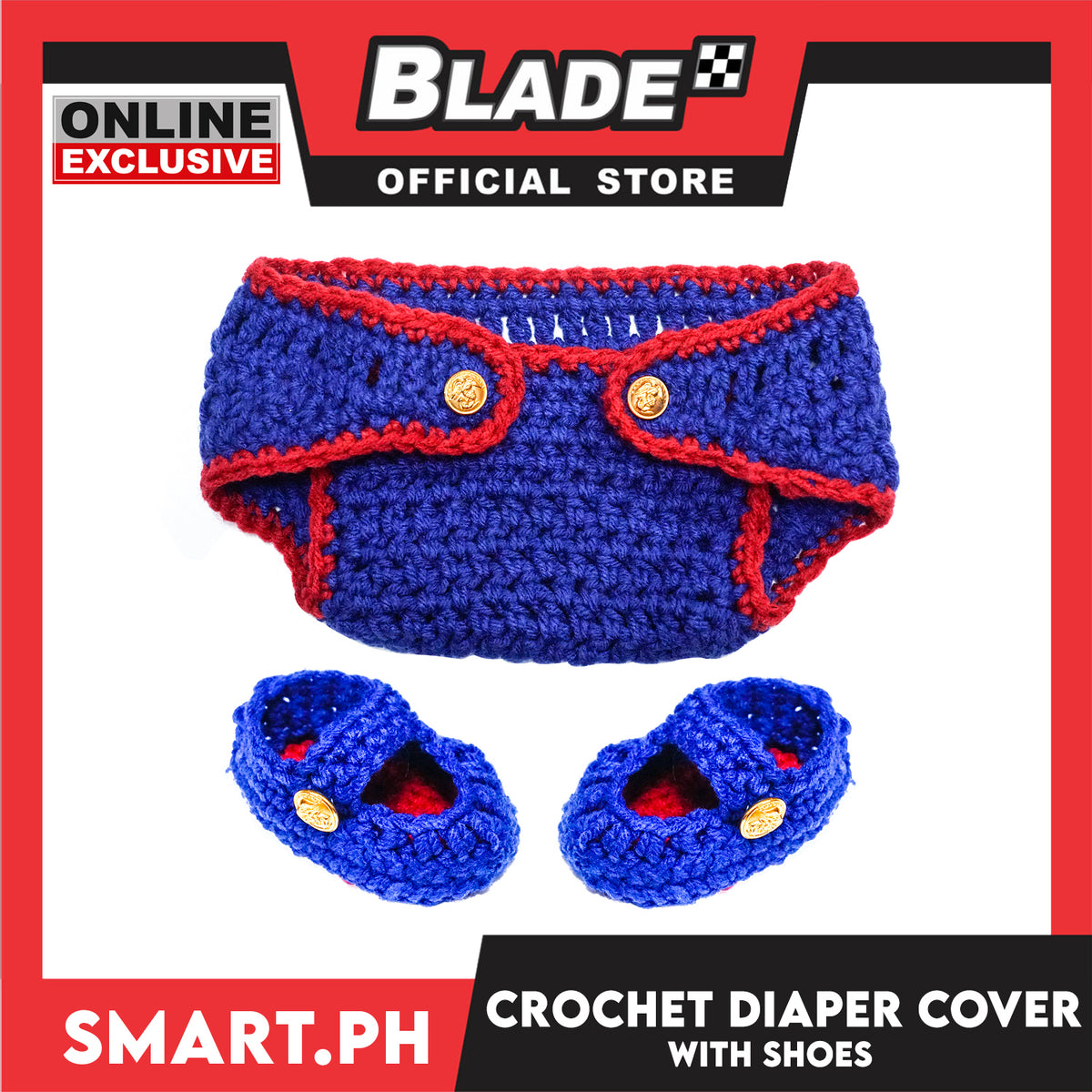 Baby Crochet Underwear Diaper Cover and Shoes with Gold Button (Blue/Red)