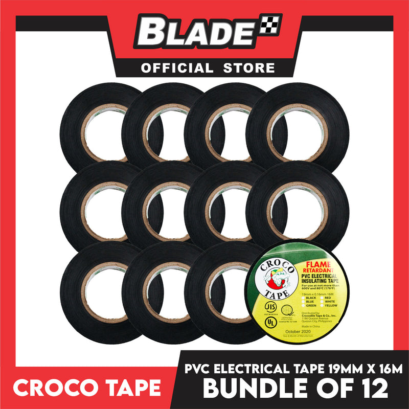 Croco Tape Flame Retardant PVC Electrical Insulating Tape 19mm x 16m Bundle of 12 (Black)