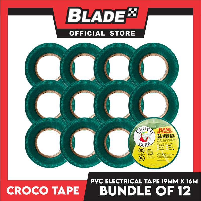 Croco Tape Flame Retardant PVC Electrical Insulating Tape 19mm x 16m Bundle of 12 (Green)