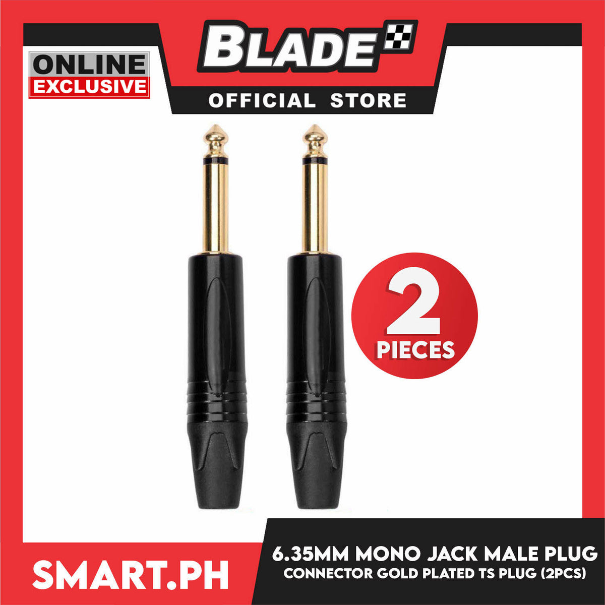 6.35mm Mono Jack Male Plug Connector Gold Plated TS Plug (2pcs) for Microphone Cable, Speaker, Guitar, Mic & Amplifiers