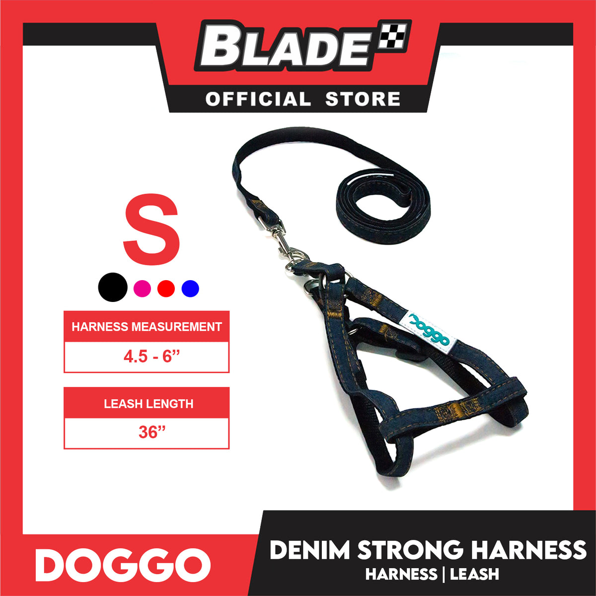 Doggo Denim Strong Harness Small (Black) Thick Leash and Straps for Your Dog