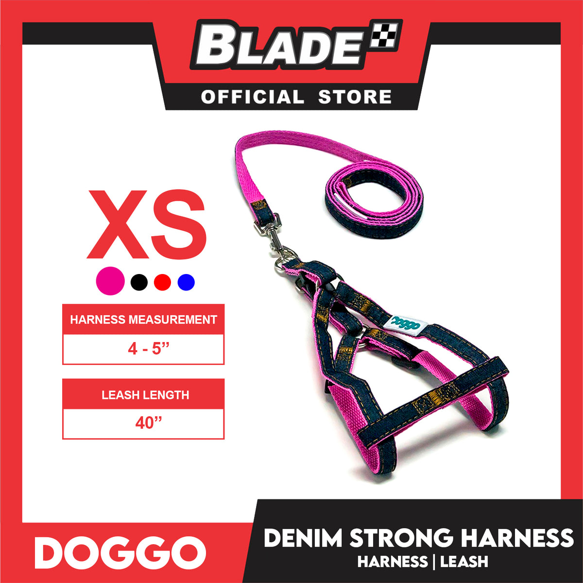 Doggo Denim Strong Harness Extra Small (Pink) Thick Leash and Straps for Your Dog