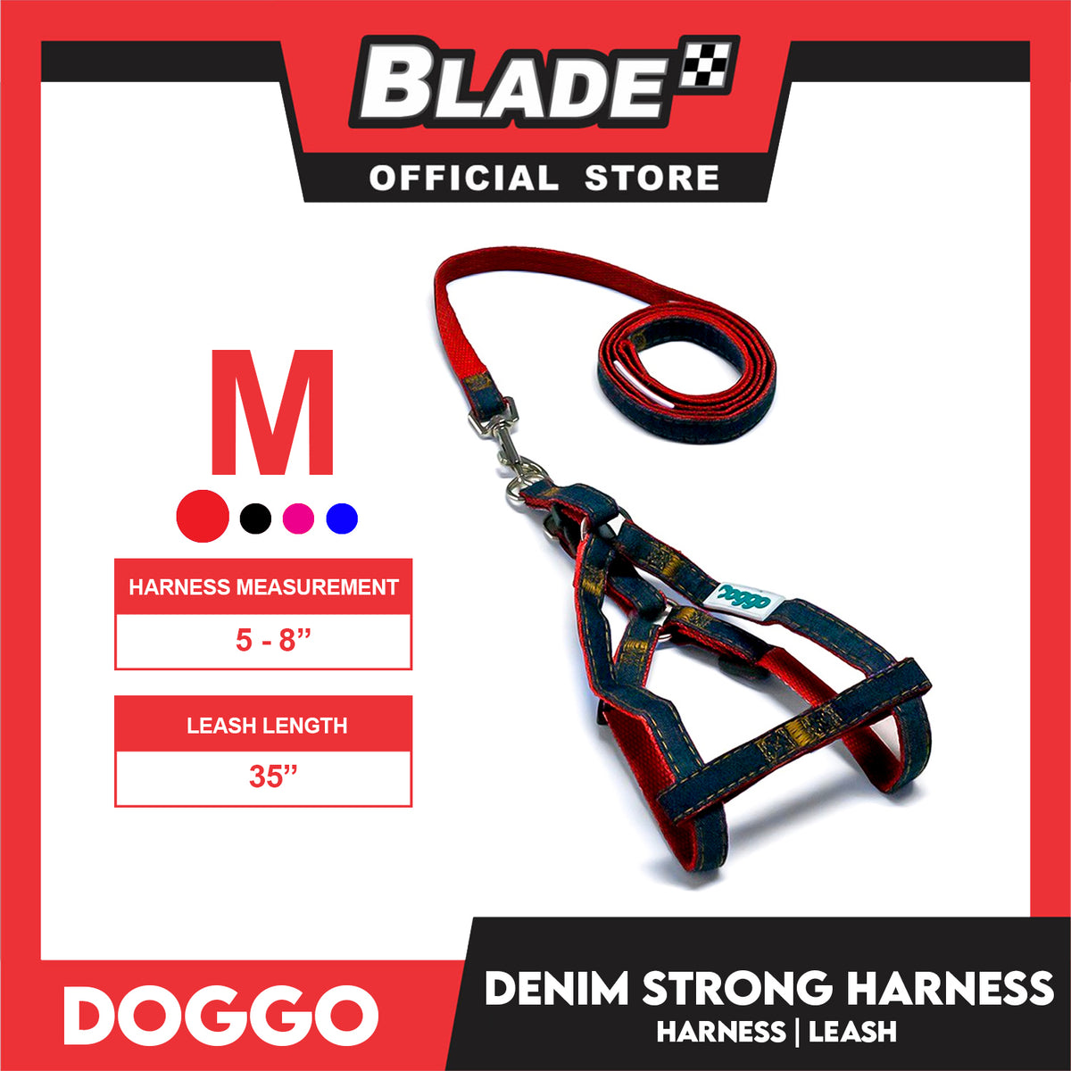 Doggo Denim Strong Harness Medium (Red) Thick Leash and Straps for Your Dog