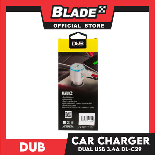 Dub Car Charger Dual USB 3.4A Auto-ID DL-C29 (White) for Mobile Devices