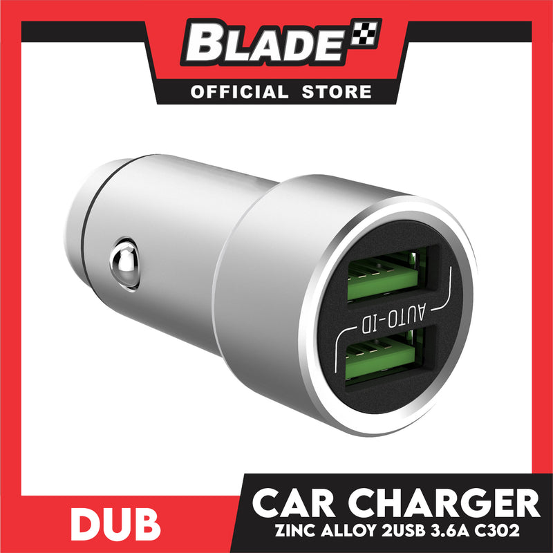 Dub Car Charger Zinc Alloy w/ Data Cable (IOS) Dual USB 3.6A C302 for iOS and Android