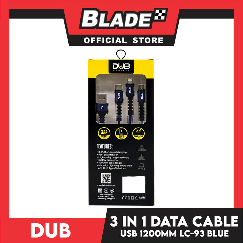Dub Data Cable 3 in 1 Lightning/Micro/Type-C 3.4A 1200mm LC-93 (Blue) for Android, Smart Phone & IOS