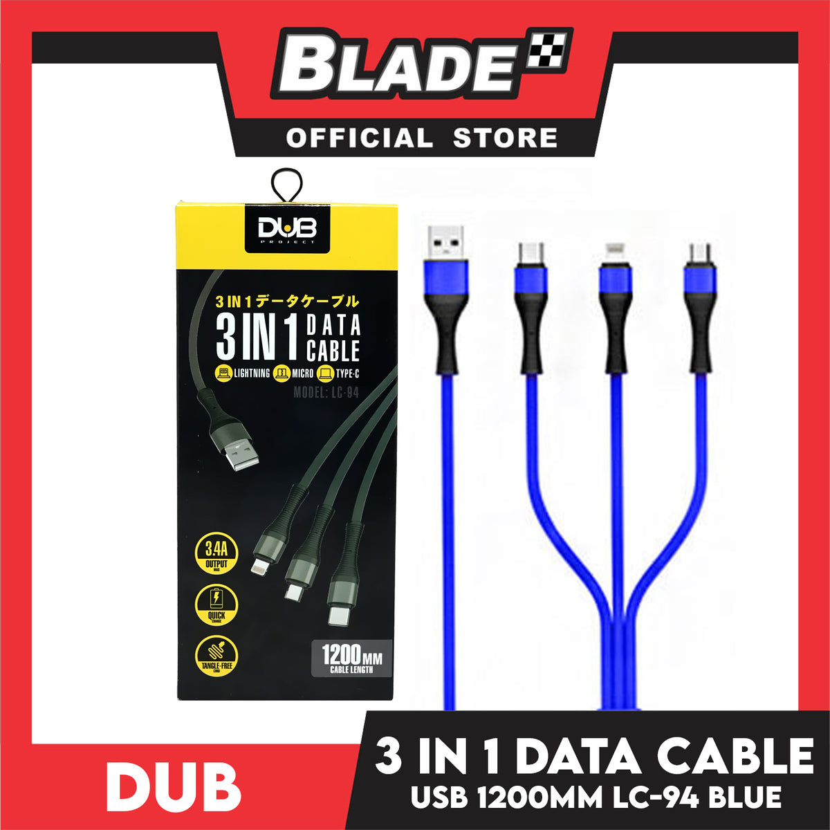 Dub Data Cable 3 in 1 Lightning/Micro/Type-C 3.4A 1200mm LC-94 (Blue)