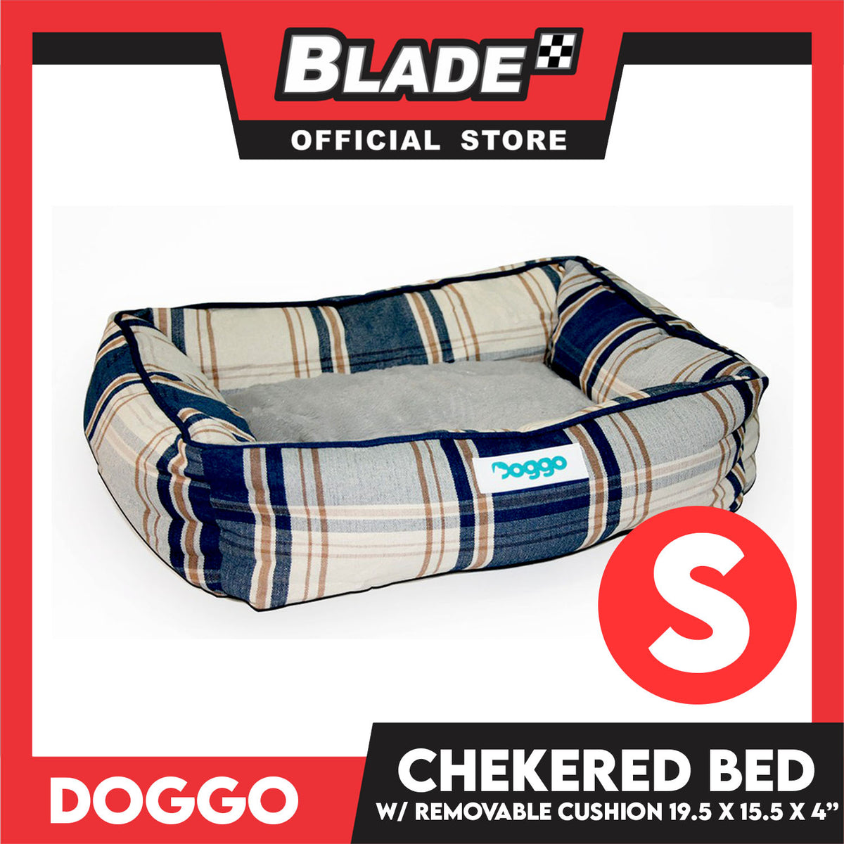Doggo Checkered Dog Bed (Small) Pet Bed with Removable Cushion