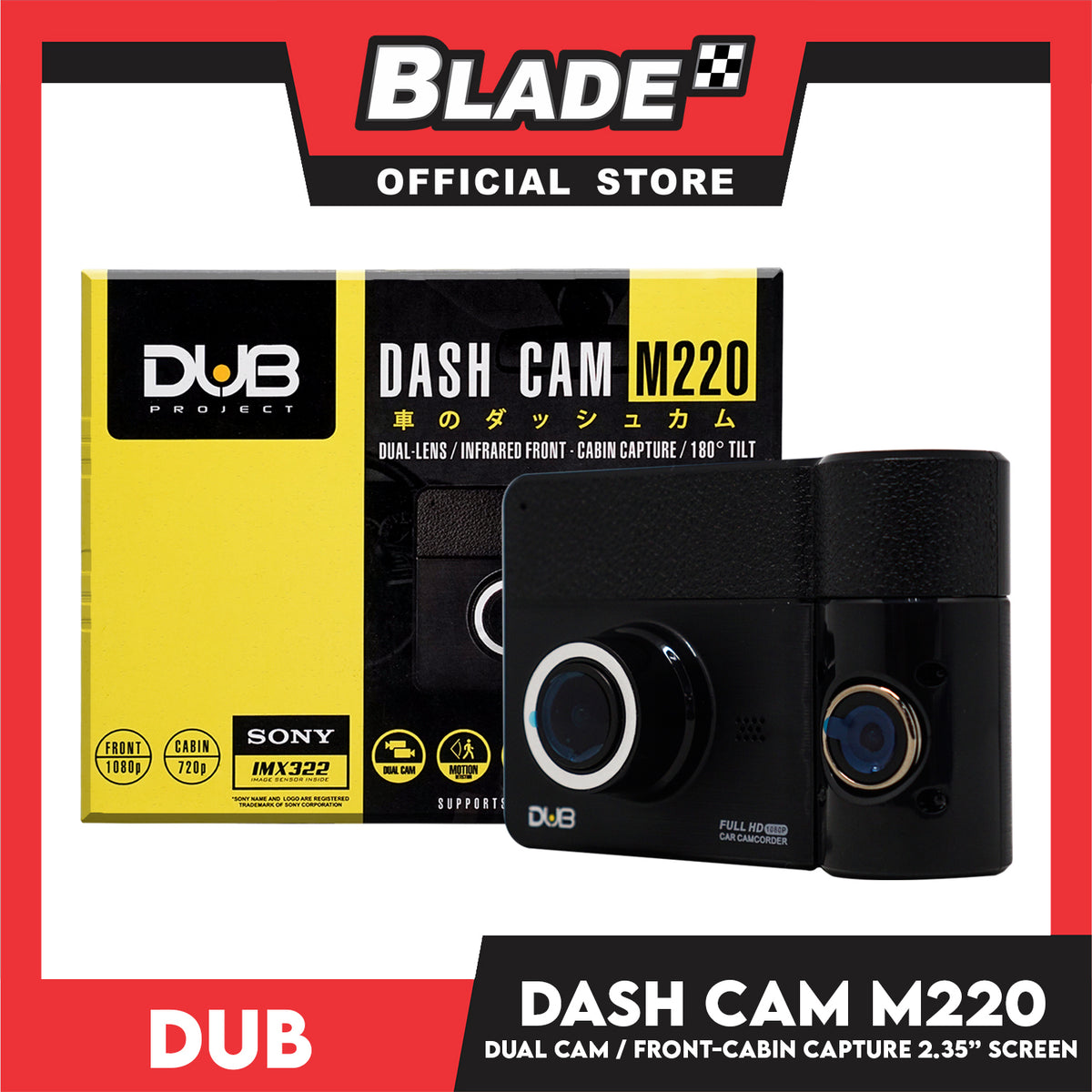 Dub Dash Cam M220 Dual Lens/ Infrared Front- Cabin Capture, 180° Tilt with Motion Detection