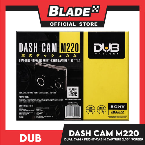 Dub Dash Cam M220 Dual Lens/ Infrared Front- Cabin Capture, 180° Tilt with Motion Detection