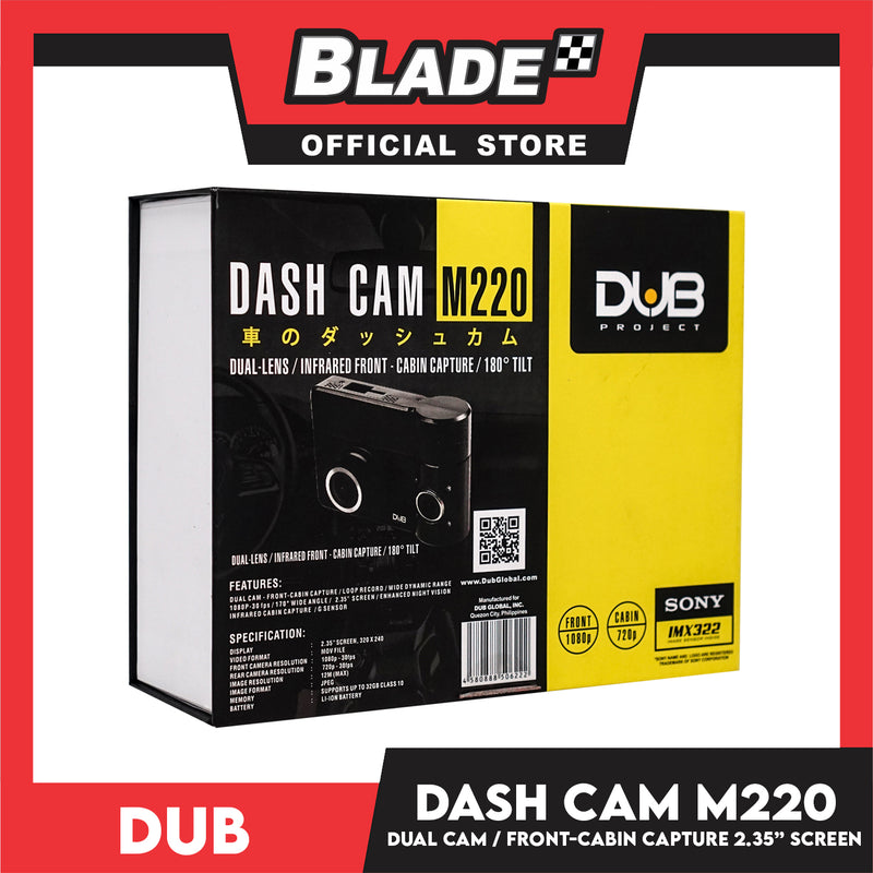 Dub Dash Cam M220 Dual Lens/ Infrared Front- Cabin Capture, 180° Tilt with Motion Detection