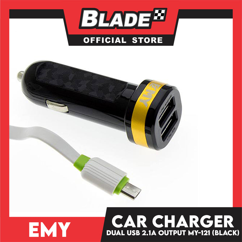 Emy MY-121 2.4A Dual USB Car Charger with USB Data Line 1000mm (Black) for Android and iOS Devices