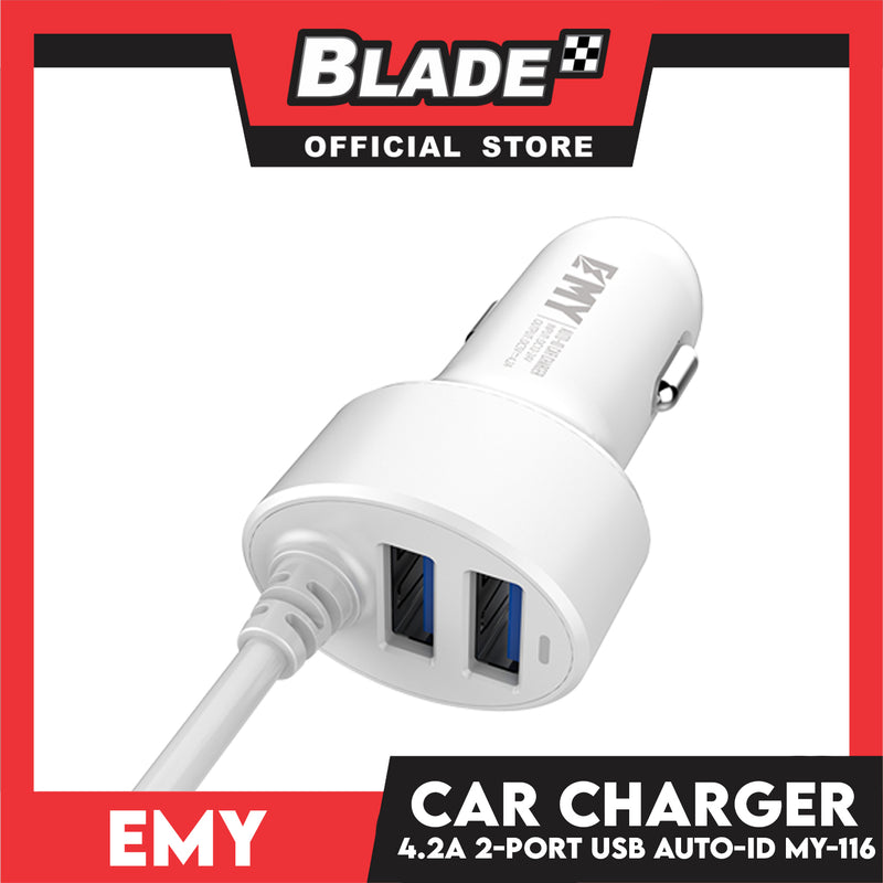 ﻿Emy Car Charger 2-Port 4.2A Auto-ID MY-116 (White) with Micro -USB Cable for Android Samsung, Huawei, Xiaomi, Oppo, Apple Devices- Also Compatible to Other Various Digital Devices