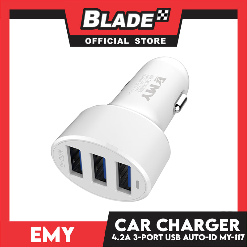Emy Car Charger 3 USB 4.2A Auto-ID MY-117 (White) for Android and iOS- Samsung, Huawei, Xiaomi, Oppo, Apple Devices