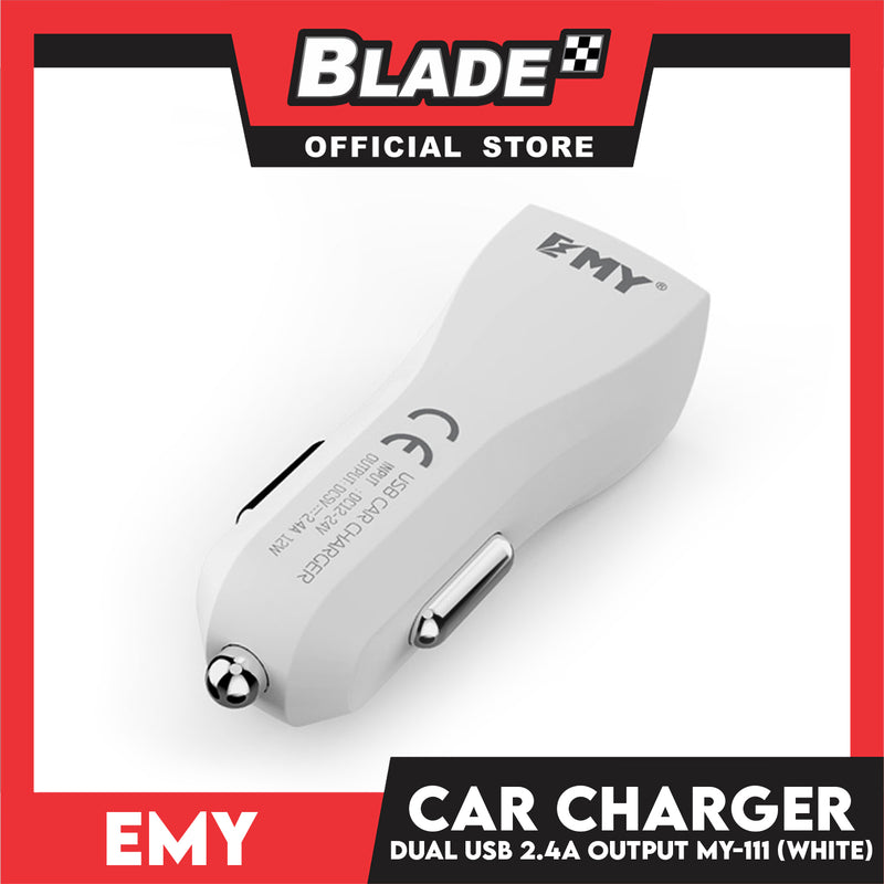 Emy MY-111 2.4A Dual USB Car Charger with Micro USB cable White for Android and iOS. Samsung, Huawei, Xiaomi, Oppo, iPhone series, iPad Series. Also compatible to other various digital devices.