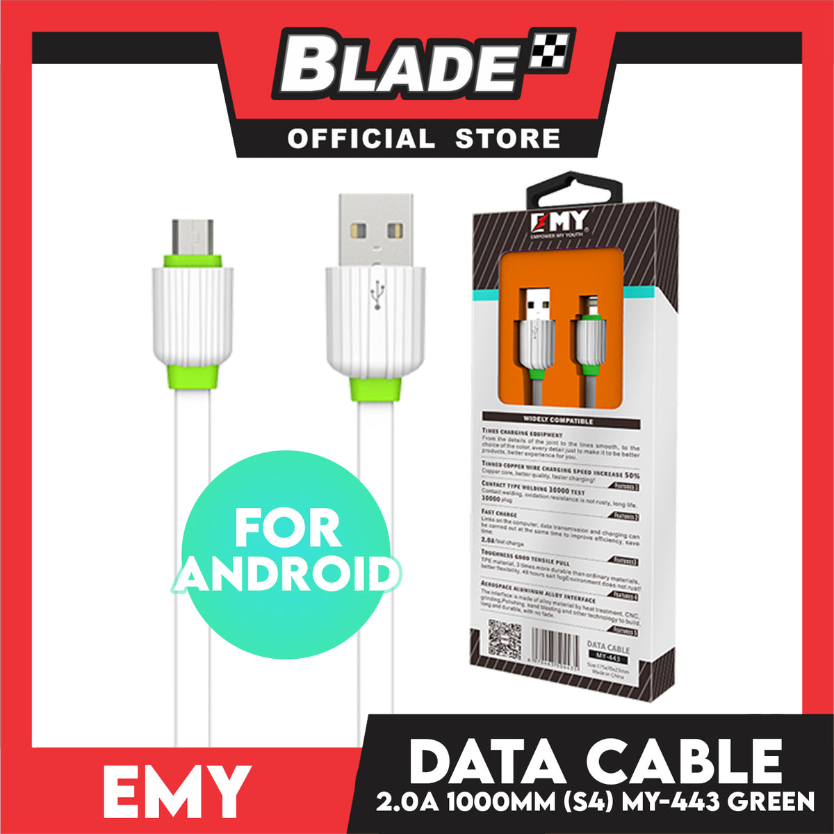 Emy Data Cable Micro-USB 2.0A Widely Compatible Data Cable MY-443  (White) for Android- Samsung, Huawei, Xiaomi, Oppo, Vivo, Realmi & LG
