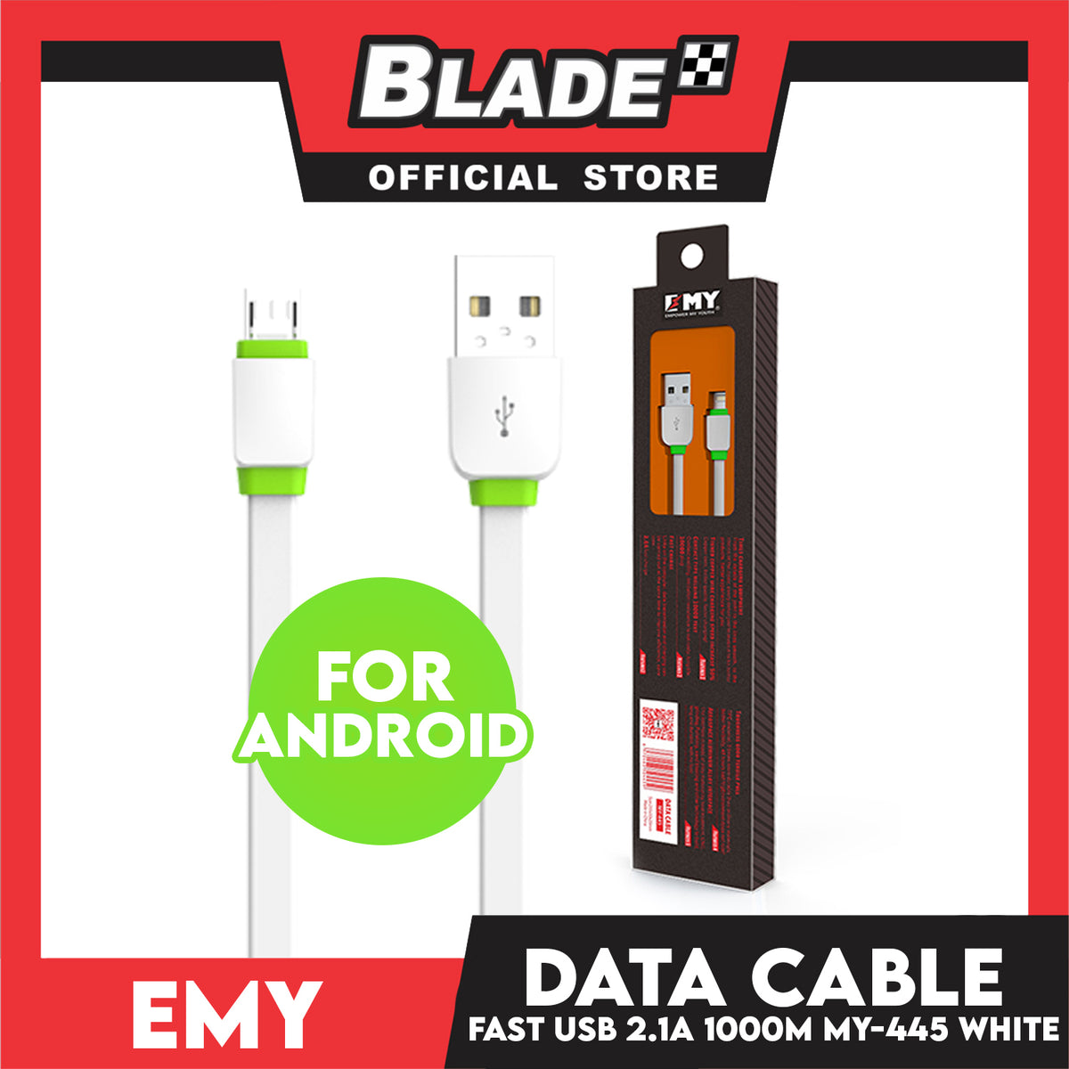 Emy Data Cable Fast USB 2.1A Micro USB 1000mm MY-445 (White) Widely Compatible for Samsung, Huawei, Xiaomi, Oppo, Vivo and more