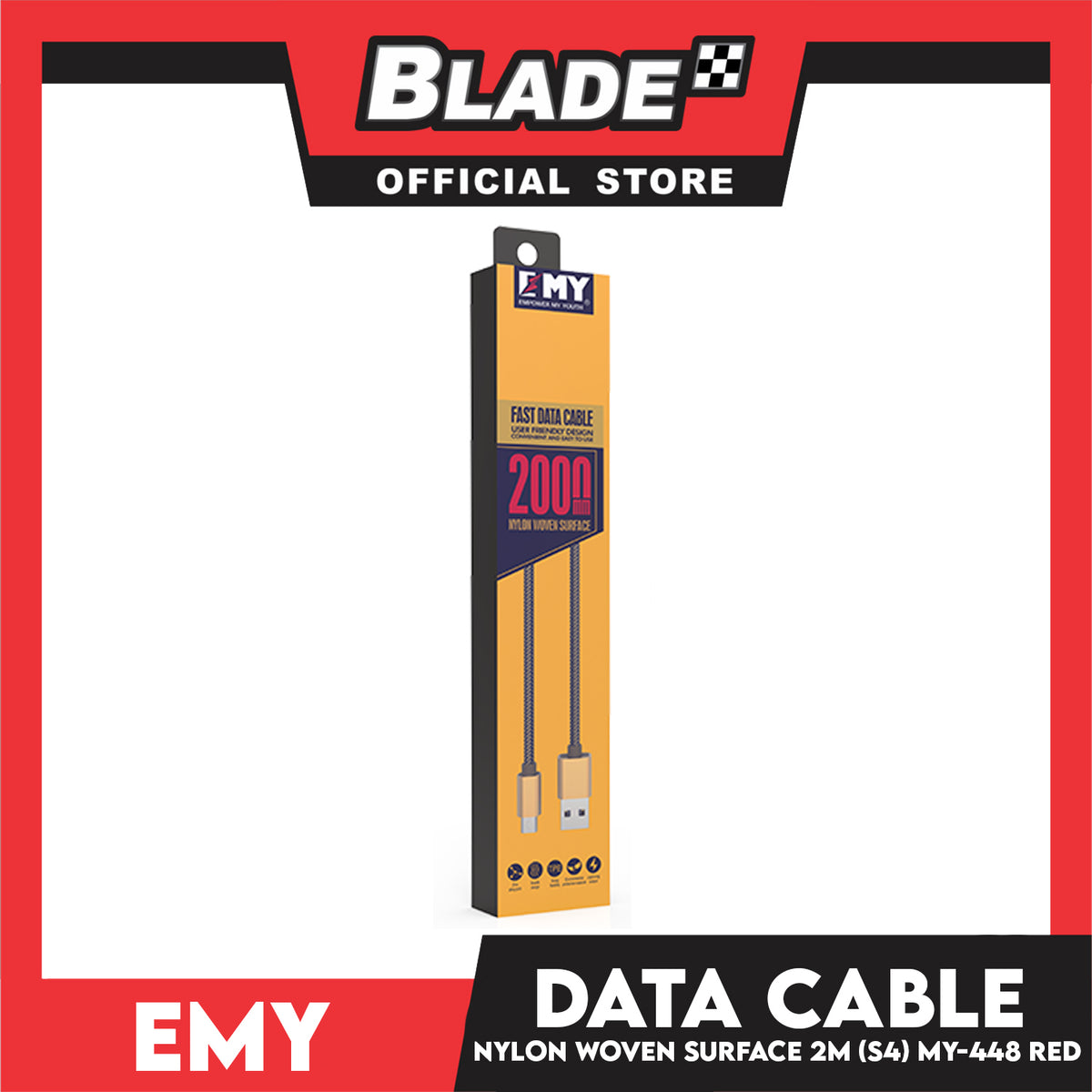 Emy Data Cable Nylon Woven Surface 2000mm MY-448 (Red) for Android- Samsung, Huawei, Xiaomi, Oppo, Vivo & Realmi