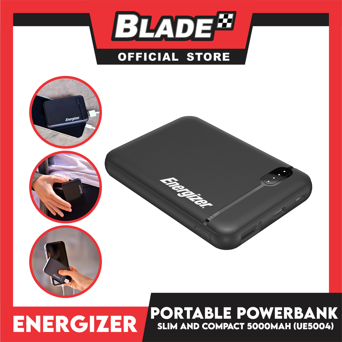 Energizer Power Bank 5000mAh UE5004 (Black) Slim Compact, Fast Charge 2.1A For Smartphones and More