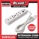 Eurolux 2Meters Extension Cord 3 Outlet 2 USB Periquet Universal Plug Wall Mount for Home Office and Dorm
