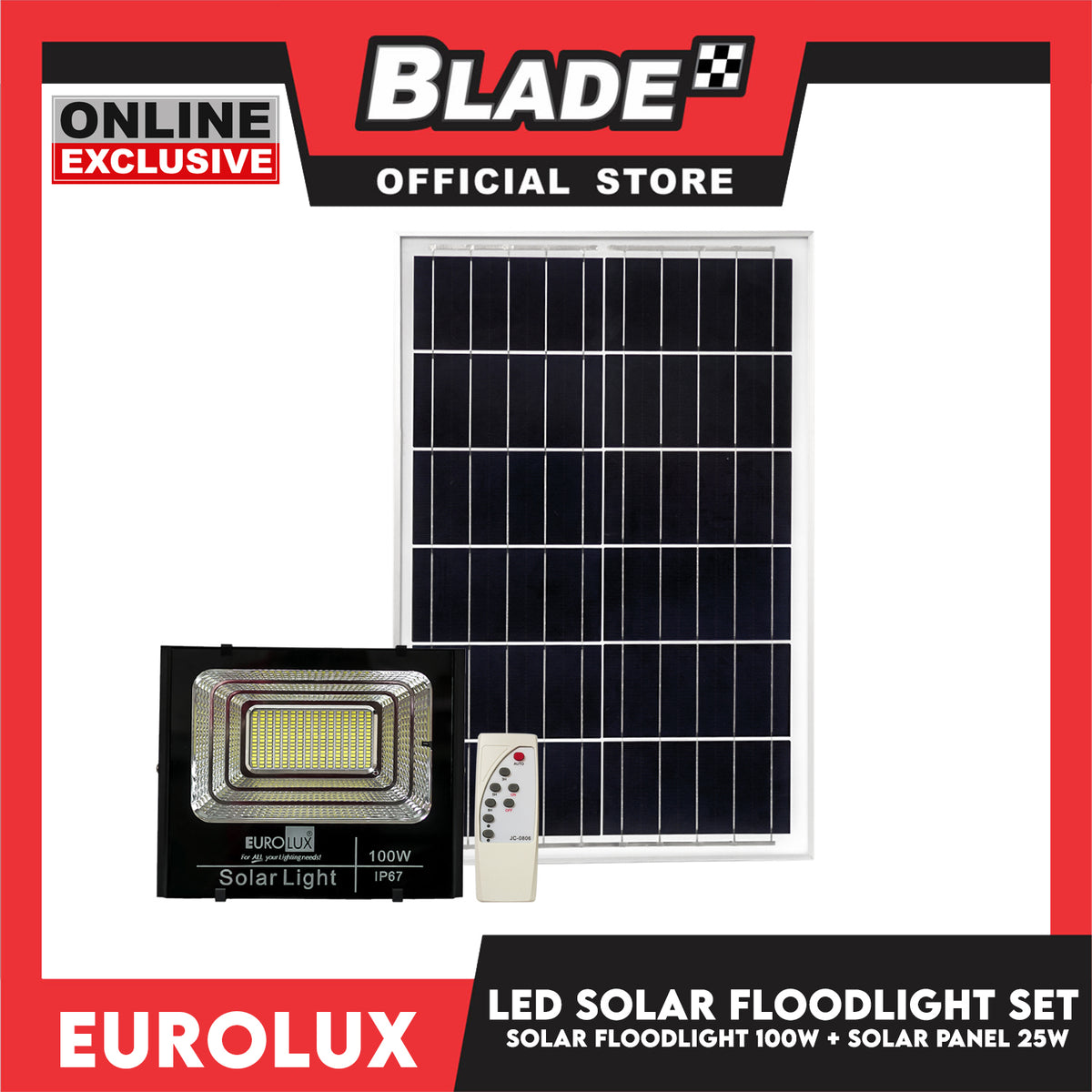 Eurolux Led Flood Light With Solar Panel 25W-6V 100W IP67