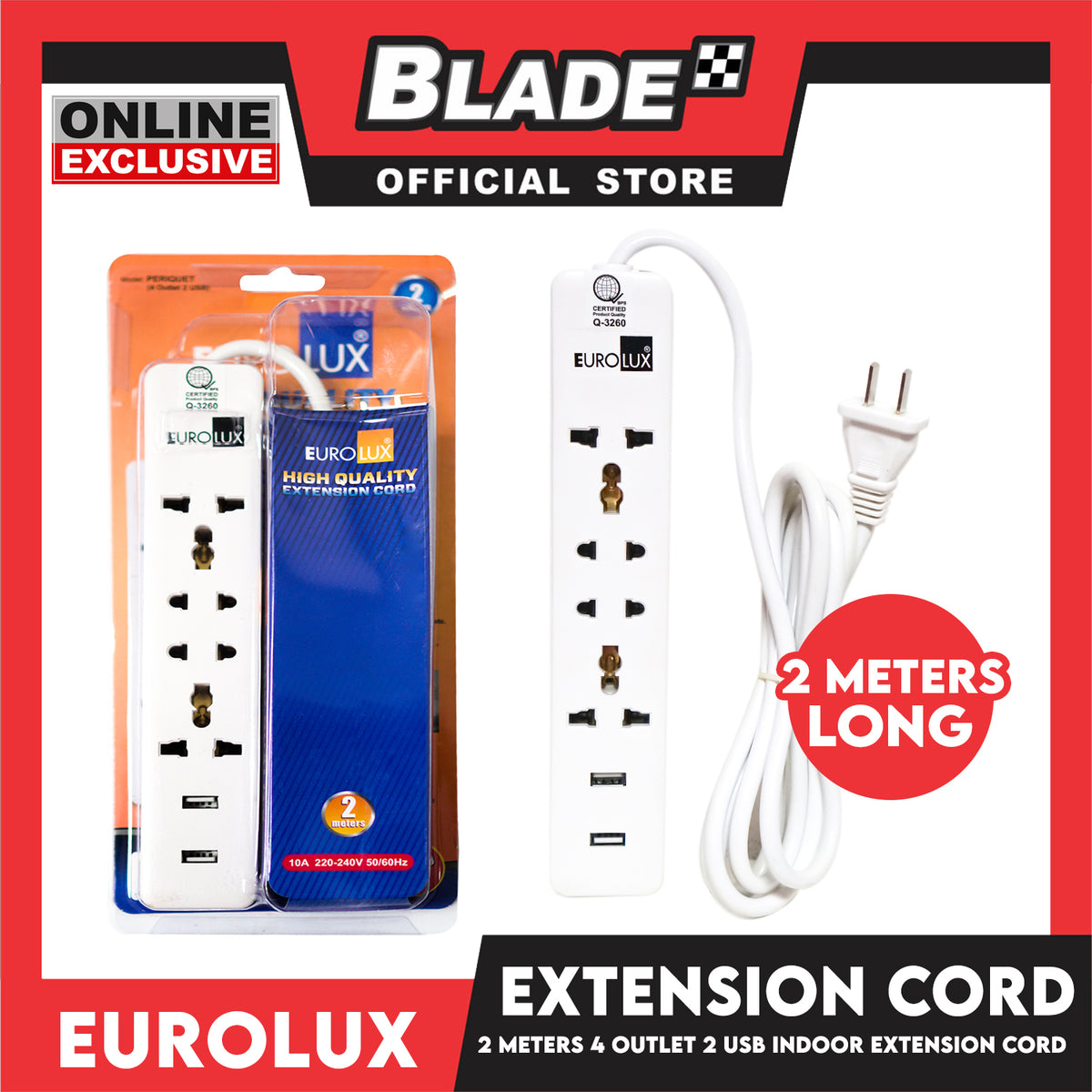 Eurolux 2Meters Extension Cord 4 Outlet 2 USB Periquet Universal Plug Wall Mount for Home Office and Dorm