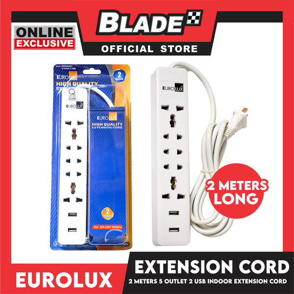 Eurolux 2Meters Extension Cord 5 Outlet 2 USB Periquet Universal Plug Wall Mount for Home Office and Dorm