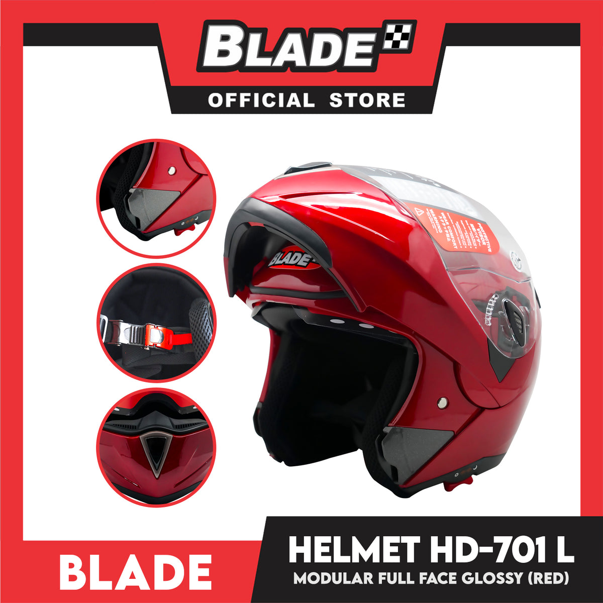 Blade Helmet Modular Full Face HD-701 Red Glossy (Large)