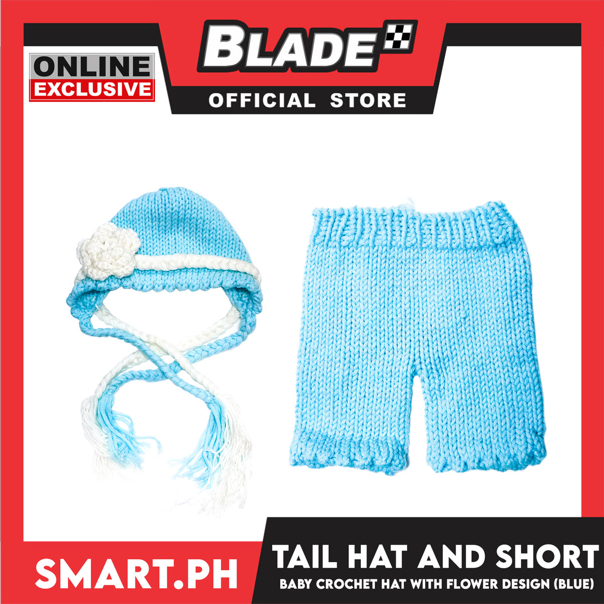 Baby Crochet Winter Warm Hat with White Flower and Short (Blue)