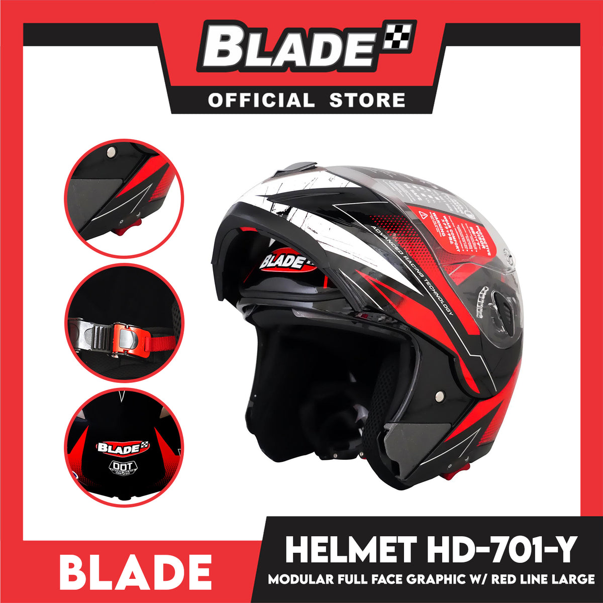 Blade Helmet Modular Full Face HD-701Y (Large) Graphic with Red Line
