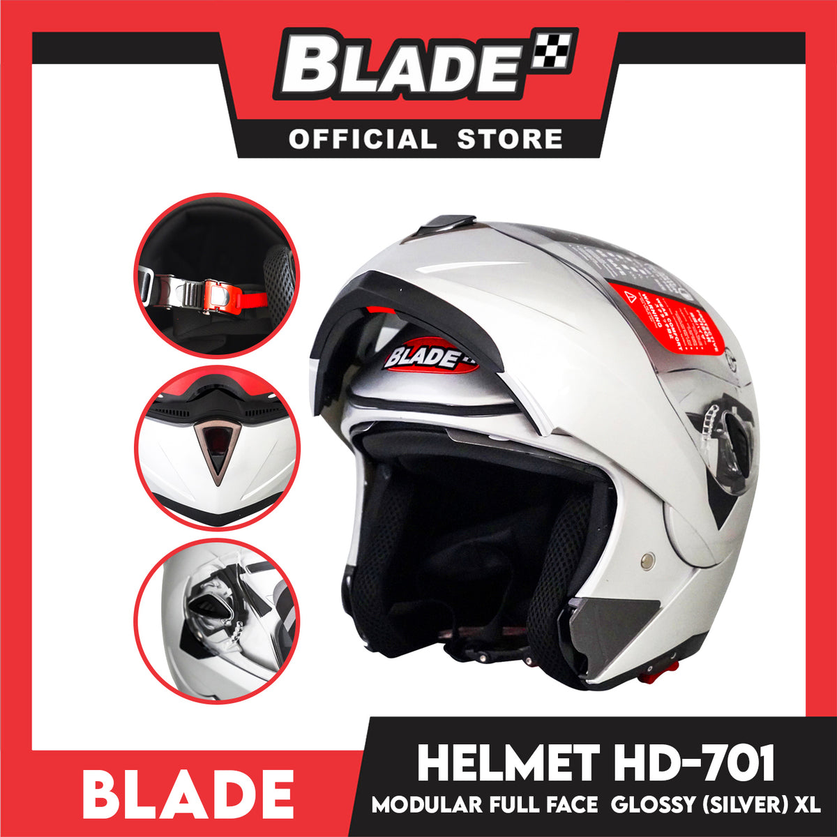 Blade Helmet Modular Full Face HD-701 Glossy Silver (Extra Large)