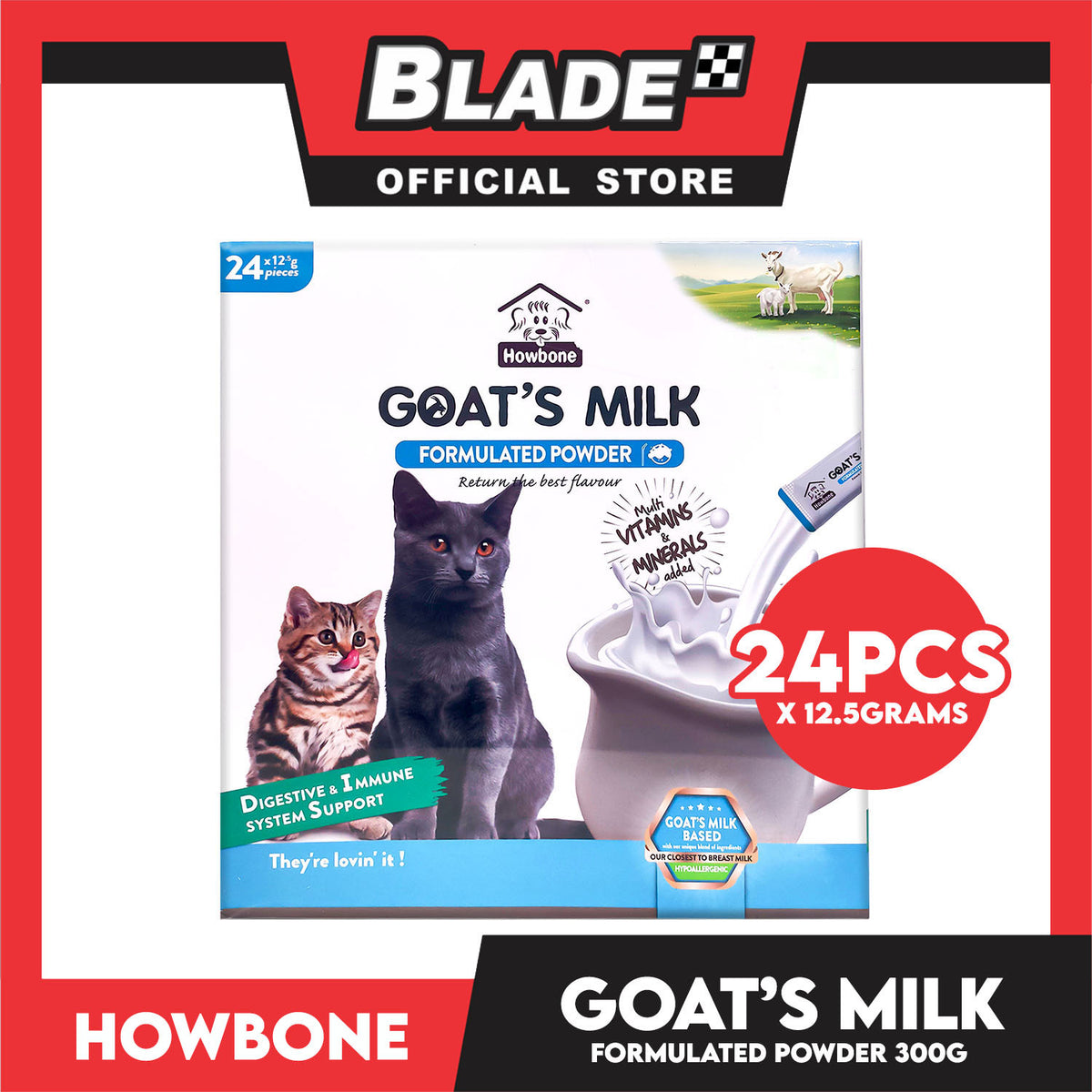 Howbone Goat's Milk Formulated Powder For Cats 12g x 24pcs. Digestive And Immune System Support For Cats