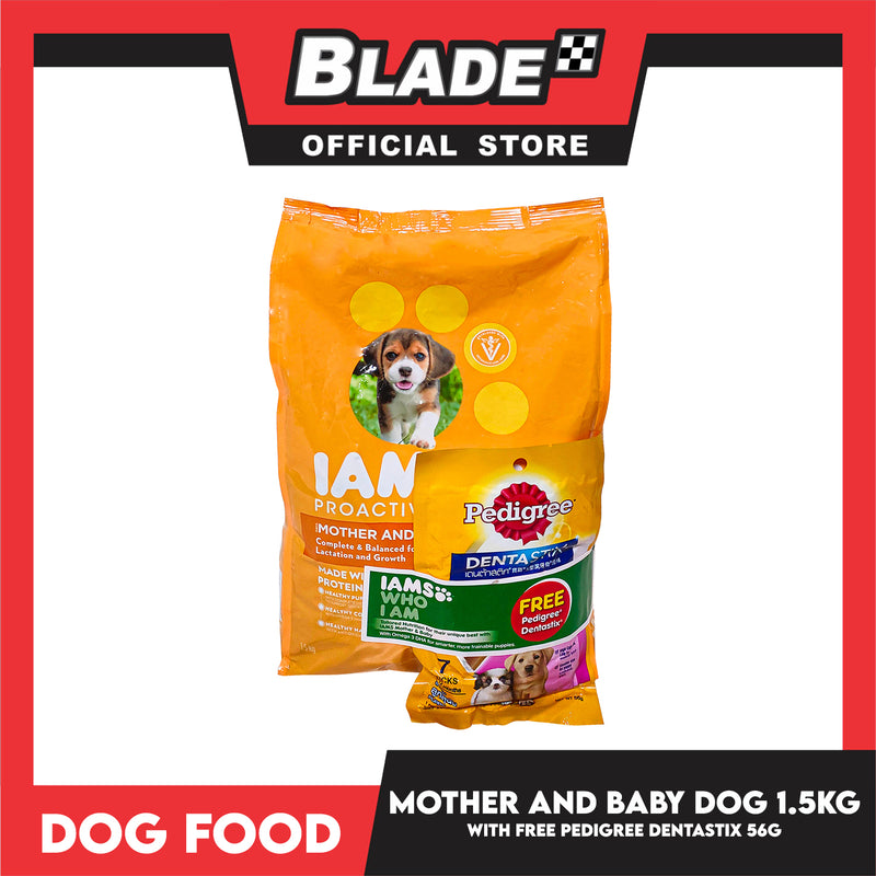 IAMS Pro-Active Health, Mother And Baby Dog Complete And Balanced Nutrition For Pregnancy, Lactation And Growth 1.5kg (Chicken) Premium Dog Food, Dog Dry Food With Free Pedigree Dentastix Puppy 7 Sticks For 4-12 Months