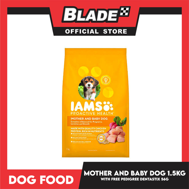 IAMS Pro-Active Health, Mother And Baby Dog Complete And Balanced Nutrition For Pregnancy, Lactation And Growth 1.5kg (Chicken) Premium Dog Food, Dog Dry Food With Free Pedigree Dentastix Puppy 7 Sticks For 4-12 Months